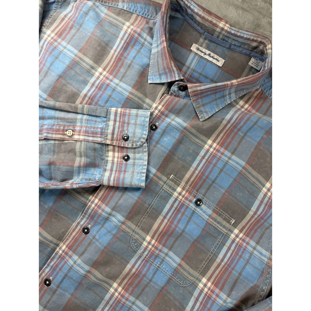 Tommy Bahama Mens 2XLB Plaid Button Front Shirt Long Sleeve 100% Cotton Blue Red